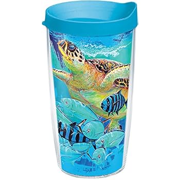 Tervis 1287144 Guy Harvey - Mirage Turtle Tumbler with Wrap and Turquoise Lid 16oz, Clear