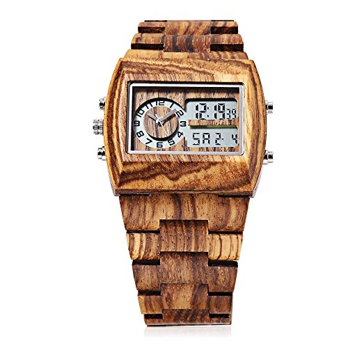 Bewell Men's Quartz Wrist Watch with Japan Movement Wooden Watches and LED Back Light Display W021A