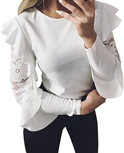 LEXUPA Women's Solid Long Sleeve Lace Stitching O-Neck T-Shirt slim t-shirt Pullover Tops Blouse