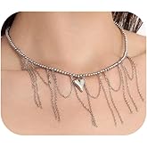 Annpro Punk Heart Choker Necklace for Women,Y2k Crystal Love Heart Beaded Necklace Dainty Irregular Fringe Chain Choker Necklaces Trendy Statement Necklace