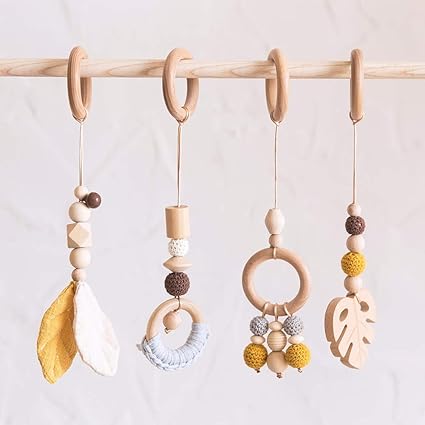 Lets Make 4 Pc Wooden Ring Baby Teether Activity Nursing Game Gym Rattle Pendant Toy Organic Non Toxic Environmental Sense Sensory Toys Newborn Gift