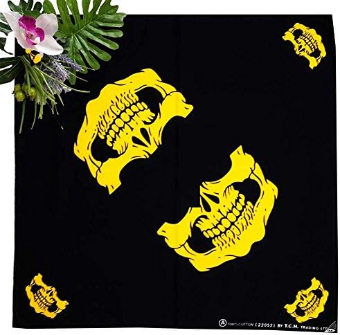 Skull Head Bandana 100% Cotton Black Yellow Head Wrap Biker NWT Durag Scarf Neck