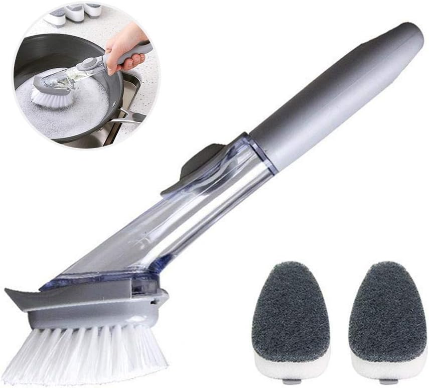 LayOPO Dish Brush With Soap Dispenser, 2 In 1 Long Handle Dish Scrub Pot Brush With 2 Replacement Sponge Head For Kitchen Sink