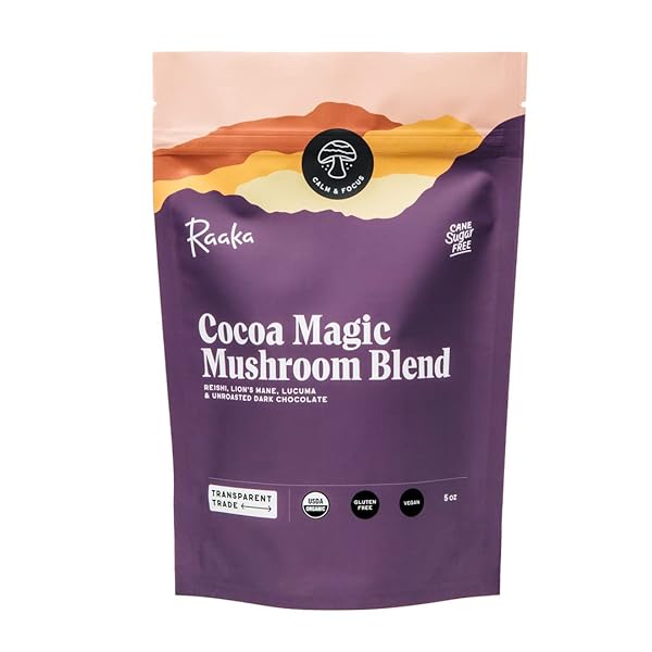 RAAKA COCOA MAGIC MUSHROOM HOT CHOCOLATE BLEND WITH LION’S MANE, REISHI AND LUCUMA – GOURMET ADAPTOGENIC MUSHROOM HOT CHOCOLATE – ORGANIC, VEGAN, LOW SUGAR, GLUTEN FREE, KOSHER – 5 OZ. BAG (8 SERVINGS)