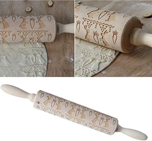 Sansee Embossing Rolling Pins Wood Engraved Roller Mold Textured Non-Stick Designs and Patterned Kitchen Tools for Baking/Cookies/Kid’s Dough/Pastry/Fondant/Clay/Pie Crust