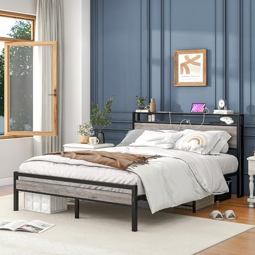 HOJINLINERO Queen Bed Frame with Storage Headboard/USB Charging Station,Metal Platform Bed Frame Queen Size Mattress Base No Box Spring Needed,Heavy Duty Metal Slats,Under Bed Storage,Noise-Free,Grey