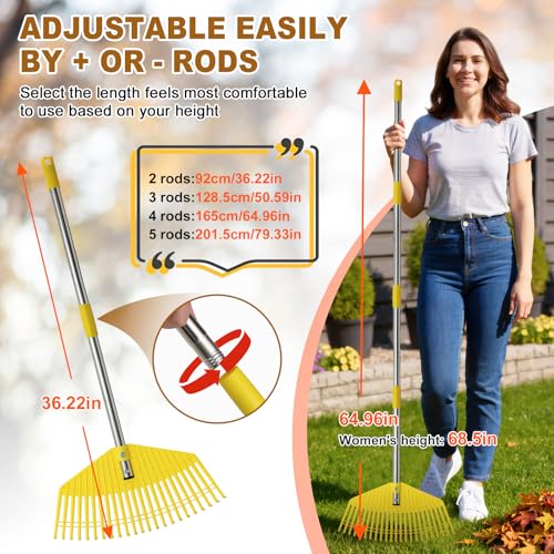 Garden Leaf Rake for Leaves - 42cm Wide Nylon Plastic Head,165cm Adjustable Lightweight Handle for Women Seniors Kids,23 Flexible Lawn-Friendly Tines for Grass,Pine Needle,Mulch,Small Debris