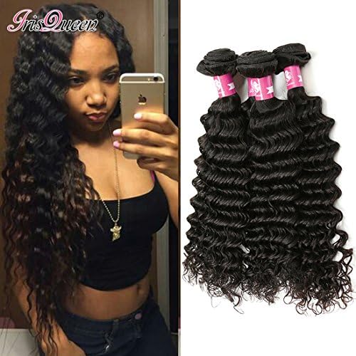 Iris Queen 8A Brazilan Deep Wave 3 Bundles Unprocessed Virgin Human Hair Extensions Natural Color Mixed Length (16 18 20, Natural Color)