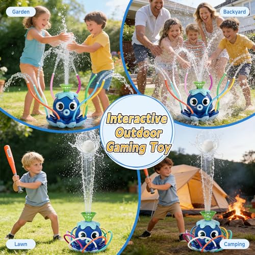 Fagalil Water Sprinkler Baseball Toy, Octopus Kids Water Sprinklers T Ball Set with Bat 4 Balls 2 in 1 Summer Outside Toys Backyard Lawn Games for Kids Outdoor Play Toys Ages 3-12 (Blue)