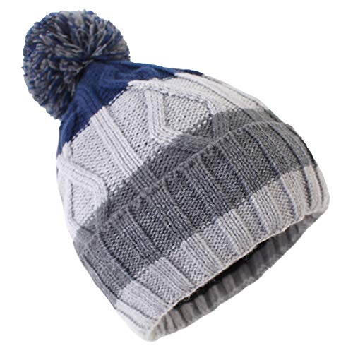 Exemaba Baby Boys Hairball Beanie Cap - Toddler Winter Warm Crochet Knitted Pom Pom Hat with Fleece Lining(Navy Blue Stripe,M)
