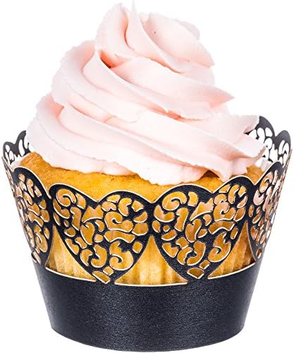 Lace Heart Cupcake Wrappers x 100pcs in shimmering black. 22 different wraps to make your wedding or birthday occasion special.