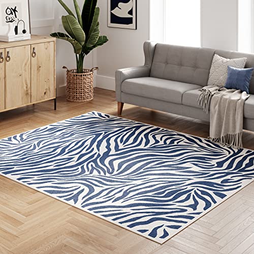 Dripex Indoor/Outdoor Area Rug, Non-Slip 5x7 Rugs Resist Dirt & Fade Patio Area Rug, Low-Profile Weather Resistant Living Room Carpet Blue Stripes Floor Mats for Home Entryway Porch Balcony Deck Yard