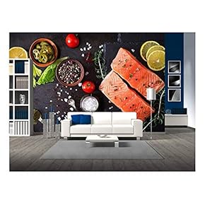 Raw Salmon Fillet and Ingredients for Cooking on a Dark Background in a Rustic Style. Top View - Removable Wall Mural | Self-Adhesive Large Wallpaper - 66x96 inches
