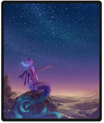 Anime Fantasy Mermaid Under Beautiful Starry Sky Home Fleece Blanket 50"x60" Medium ( Personalized / Custom Blanket / Machine Washable ) New Blankets