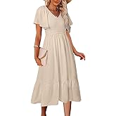 MEROKEETY Women's Summer Casual V Neck Ruffle Sleeve Smocked High Waist Midi Dress with Pockets