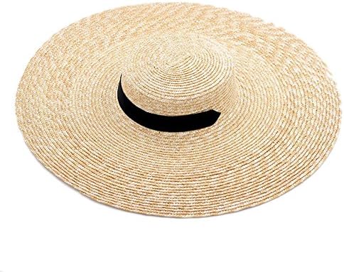 LOVEHATS Women Boater Hat With Ribbon Tie Wide Big Brim Summer Beach Wheat Straw For Vacation Holiday 002 black- 6.5CM H