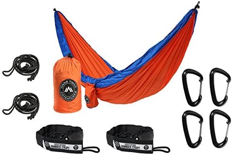 HangTight Adventures 2 Person Camping Hammock with Tree Straps (Complete Set) - Best for Outdoor Adventures - A+ Durable Nylon Material - Lightweight and Great for Traveling - Color (Orange-Blue)