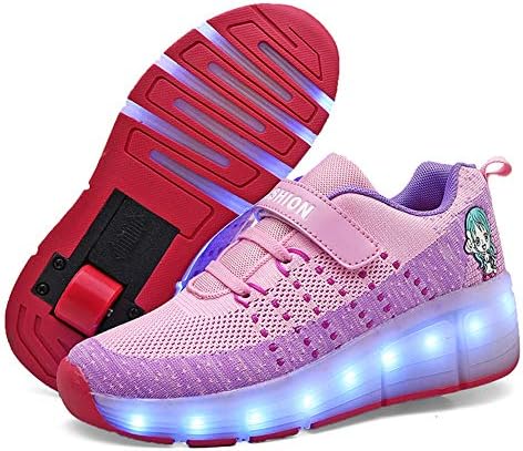 Lucky Kids Girls Boys LED Roller Skate Shoes Double Wheels Flashing Luminous Skates Outdoor Gymnastics Fashion Sneaker Technical Skateboarding Shoes with USB Charging
