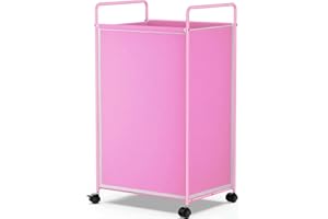 MOFOROCO Pink Laundry Basket Hamper with Wheels, Large Square Tall Rolling Dirty Clothes Hamper for Bathroom, Dorm Room Metal Sturdy Wheeled Narrow Laundry Baskets Cart Organization Organizer