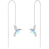 LELOUCHY 925 Sterling Silver Moonstone Long Chain Earrings Hummingbird/Cat/Clover with June Birthstone Threader Earrings for Women