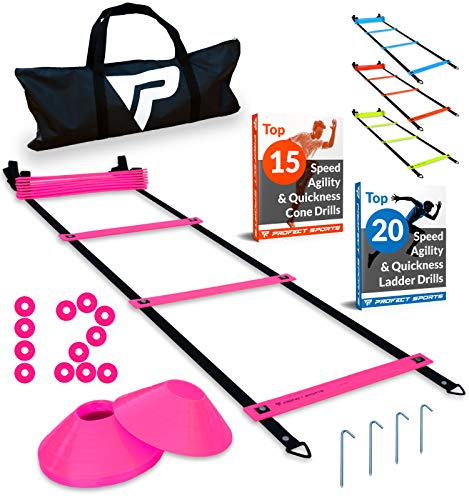 Pro Agility Ladder Cones - 15 ft Fixed-Rung Speed Ladder 12 Disc Cones Soccer, Football, Sports Training - Includes Heavy Duty Carry Bag, 4 Metal Stakes, 2 Agility Drills eBooks (Pink)