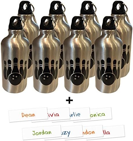 Bowling Themed Water Bottles - 8 Pack - 17oz BPA-Free Aluminum - Perfect Party Favor. BONUS: Includes 8 Clear "Peel-N-Stick" Labels to Customize as Gifts!
