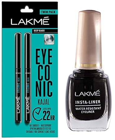 Lakme Eyeconic Kajal Twin Pack, Black, 0.35g with 0.35g & Lakme Insta Eye Liner, Black, 9ml