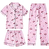 MyFav Girls Pajama Sets 3pcs Button Down Short Sleeve Top Shorts & Long Pants With Cute Patterns SleepwearNighty For Teens