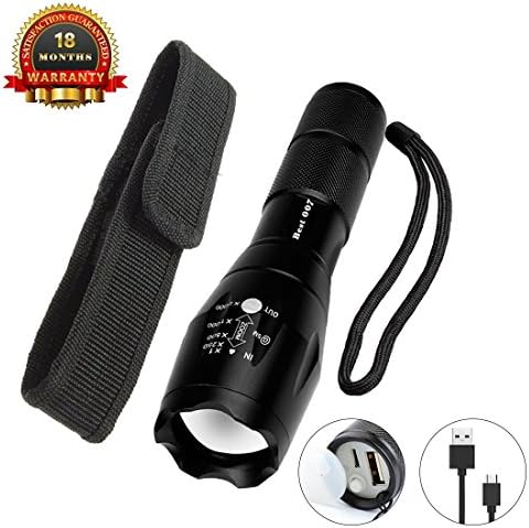 Best 007 Super Bright USB Flashlight Rechargeable Tactical LED Flashlight Zoomable Waterproof Handheld Flashlight Torch Light 3 Modes Camping Hiking Outdoor Emergency 18650 Battery USB Cable Included