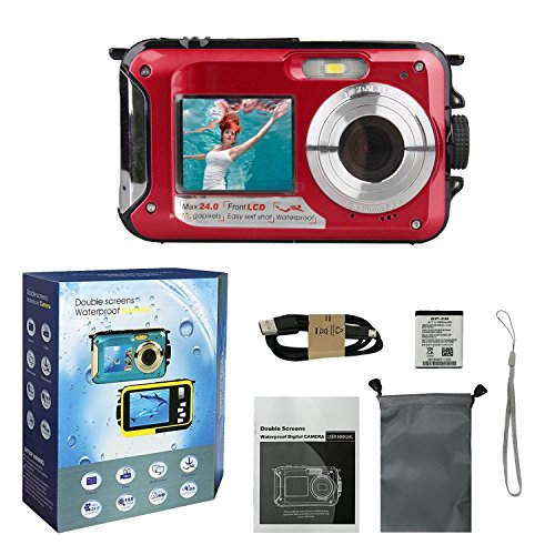 Waterproof Underwater Digital Camera,24MP 1080P Dual Screen Point and Shoot Digital Video Recorder Cameras--Red