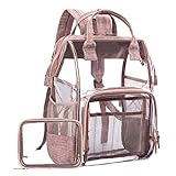 LOKASS Large Clear Backpack Transparent PVC Multi-Pockets School Backpacks/Outdoor Backpack Fit 15.6 Inch Laptop Safety Travel Rucksack with Rose Gold Trim-Adjustable Straps & Mesh Side(Rose Gold)