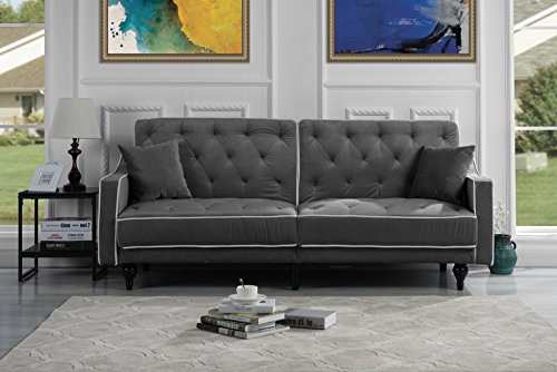 Sofamania Mid Century Modern Two Tone Splitback Tufted Velvet Futon (Dark Grey)