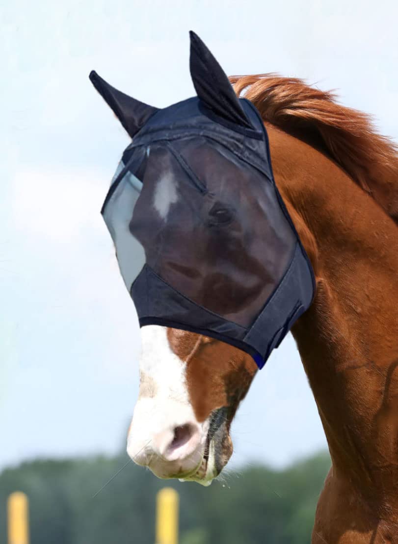 Mesh Horse Fly Mask Half Face With Ears UV Protection (Extra Full (XL), Black)
