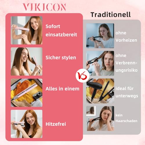 VIKICON Air Hair Straightener, Professional Ion Air Straightener without Heating Plates, Straighteners Curls and Straightens for Medium to Long Hair, Gentle Hair, Less Hair Breakage, More Shine, Light