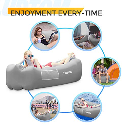 ludtom Inflatable Lounger Air Sofa Hammock, 440 lb Portable and Waterproof Ideal Inflatable Pouch Couch for Camping Gear and Accessories for Outdoors Pool Backyard Traveling Gray