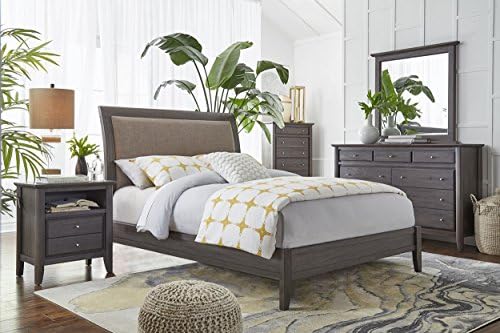 Caballo Moden Full Bed, 2 Nightstand, Dresser, Mirror &amp; Chest with Mahogany Wood - Dark Grey