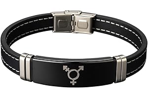 Strongest Link Transgender Pride LGBTQ Black Rubber Stainless Steel Bracelet with White Stitch Trim.