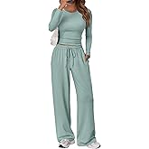 Trendy Queen Women's 2 Piece Matching Lounge Set Long Sleeve Side Ruching Top Wide Leg Drawstring Pants Set with Pockets