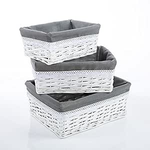 DiKasa - Cestas de Mimbre rectangulares (Forro Gris, 3 Unidades, 40 x