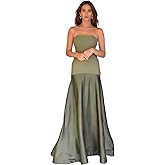 ANKOMINA Women's Elegant Strapless Satin Maxi Dress Sexy Off Shoulder Patchwork Party Evening Cocktail Long Dresses Green