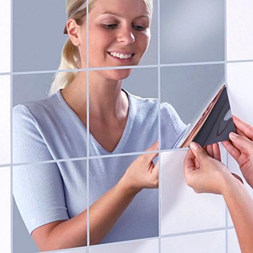 OKMINIOK Wall Mirror Stickers Set, 16 PCS Self-Adhesive Plastic Flexible Square Decorative Mirrors Tile Silver Sticker for Glass Mirror DIY Home Art Room Decor Foil (15 x 15cm)