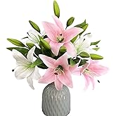 AntranStore 7 Pcs Artificial Lily Flowers Artificial Lilies Flowers for Home Wedding Bouquets Home Hotel Party Decor Graves Arrangement (Pink,White)