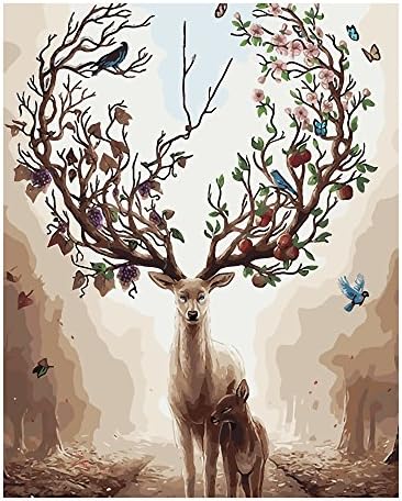 AZQSD DIY Paint By Numbers Kit Beautiful Tree Deer DIY Oil Painting Drawing By Numbers 16x20 Inch Hand Paintwork