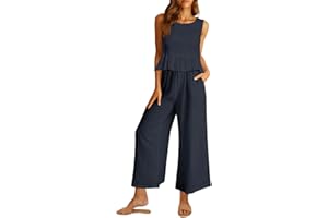 AUTOMET Womens Summer 2 Piece Outfits Linen Crop Tank Tops Lounge Matching Sets & Long Track Pants Tracksuits 2025