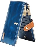 Borgasets RFID Blocking Women's Genuine Leather Wallet Credit Card Holder Zipper Purse Blue
