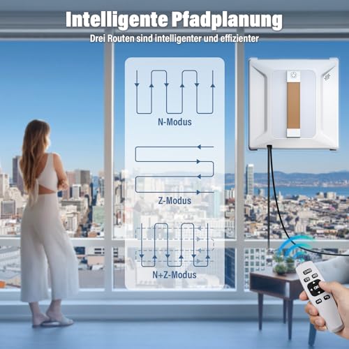 Ehomfory Window Cleaning Robot with Remote Control, 6000 PA Strong Suction Power, Automatic Water Jet with 100 ml Tank, Intelligent Route Planning, Edge Detection, Suitable for All Smooth Surfaces