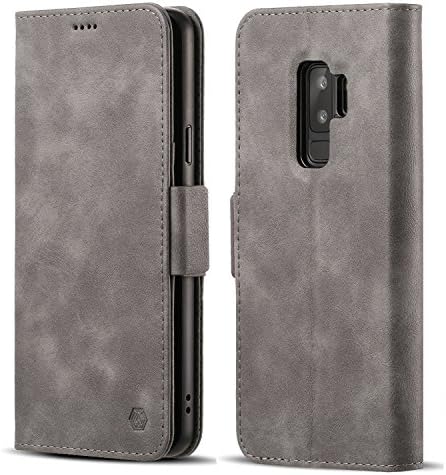 Galaxy S9 Plus Wallet Case Leather Flip Folio Case Cover with 3 Card Slots Cash Holder Vintage Leather Magnetic Closure Fpr Samsung Galaxy S9 Plus Grey