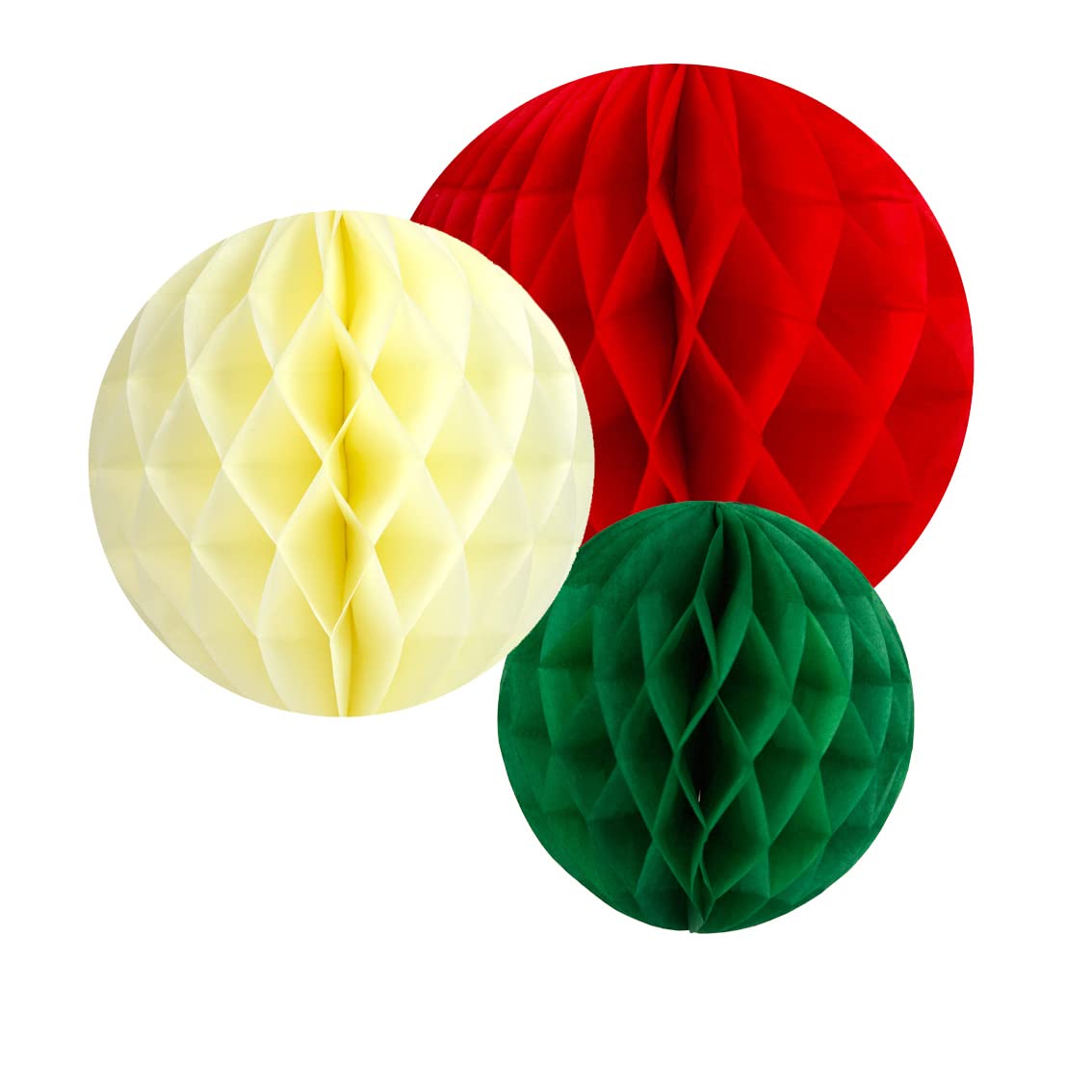 Talking Tables Premium Reusable Christmas Decorations - Pack of 3 Hanging Paper Honeycomb Balls for Xmas Party, White, Red and Gree