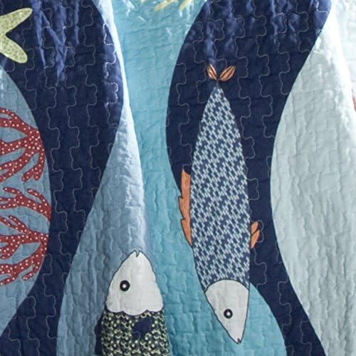 Blue ocean-themed fish quilt set made of 100% cotton, priced at $67.99 as of August 9, 2023.