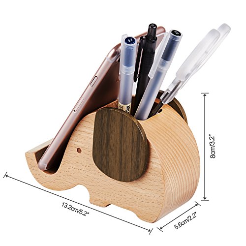 AhfuLife Wooden Elephant Phone Stand with Pen&Pencil Cup Holder/Pot for iphone Samsung Sony Huawei, Desk Decoration Multi-functional Stationery Organizer, Best Gift for Valentine's Day, Mother's Day